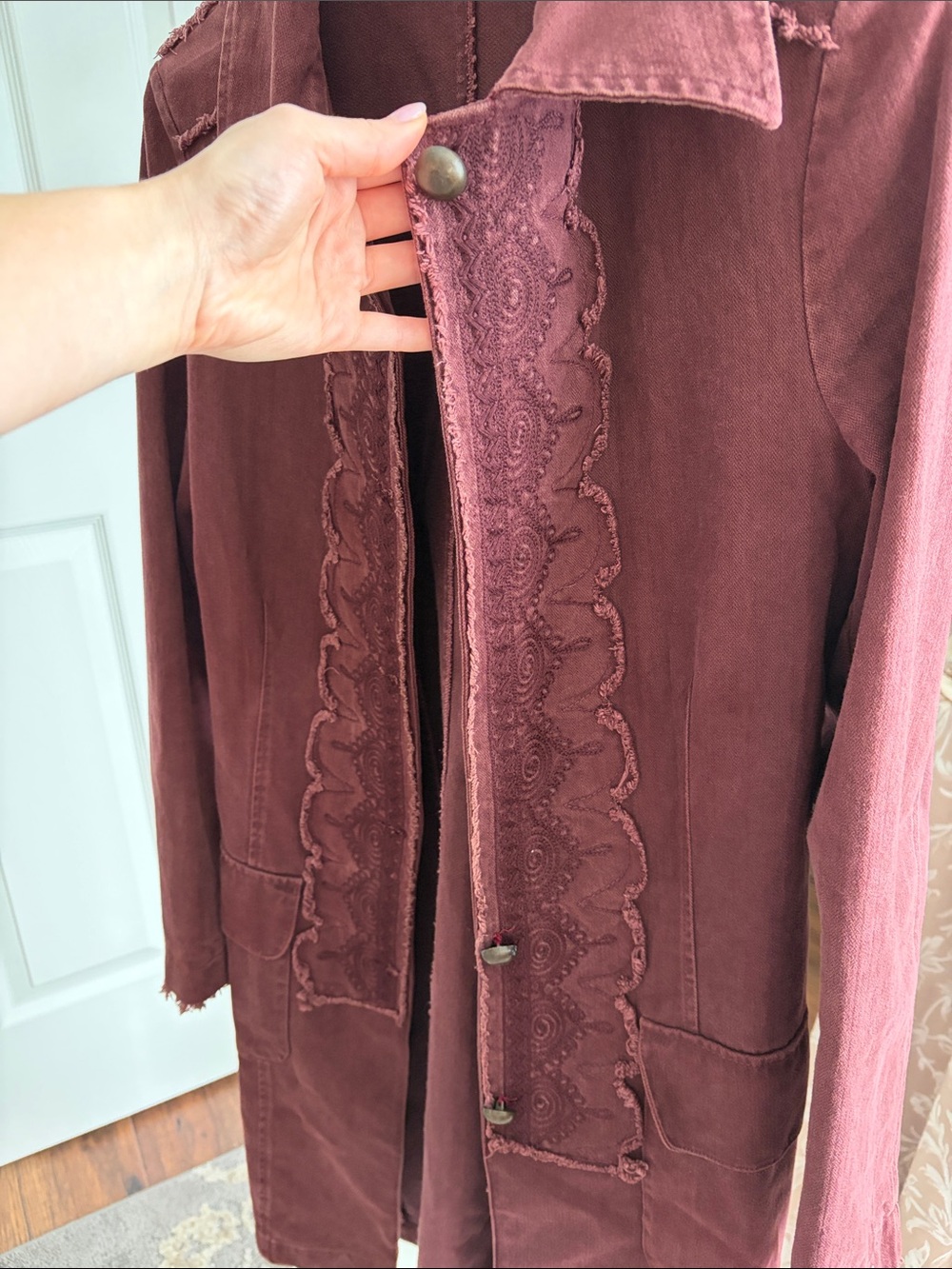 Vintage Lee Cooper Women's Long Burgundy Boho Jacket with Scalloped Trim - Picture 3 of 10